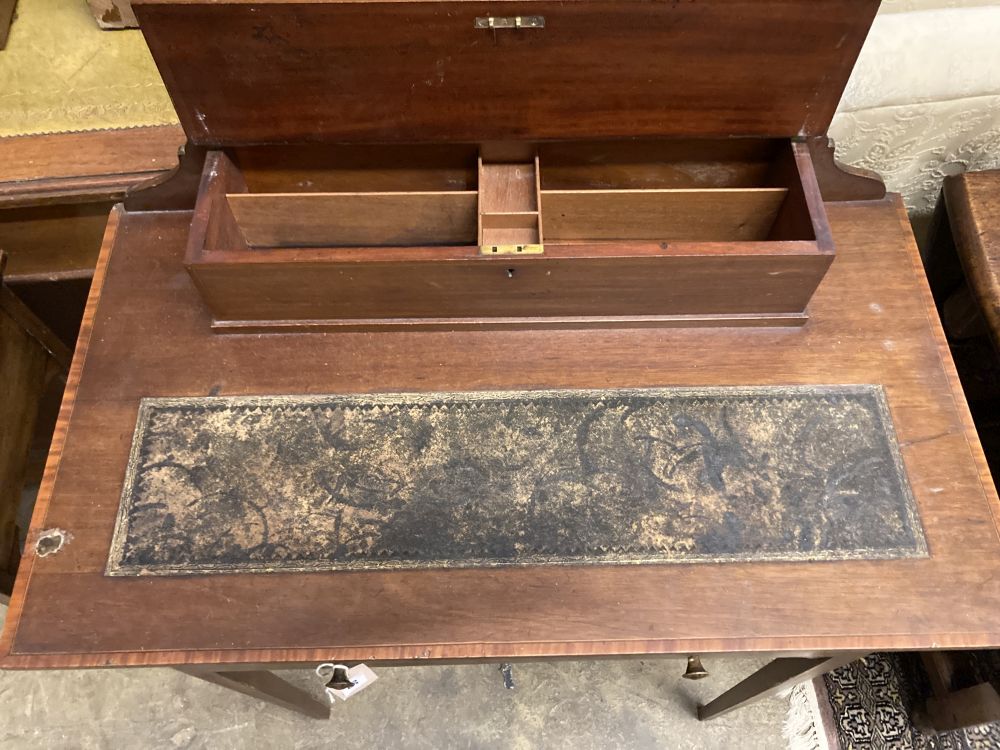 An Edwardian satinwood banded mahogany writing table, width 76cm depth 42cm height 93cm